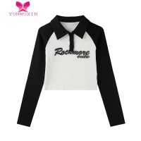 YUNWUXIN公主昕薇 撞色复古美式印花短款正肩长袖T恤女欧美辣妹上衣