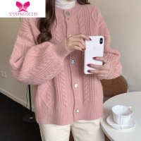 YUNWUXIN女网红日系蜜桃粉麻花针织开衫T恤复古港味毛衣外套打底上衣