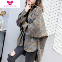 YUNWUXIN格子衬衫女韩国复古中长款拼色长袖毛绒衬衣宽松加厚毛呢外套