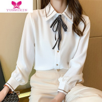YUNWUXIN2022年新款雪纺衬衫上衣蝴蝶结系带翻领衬衫女士百搭衬衣长袖