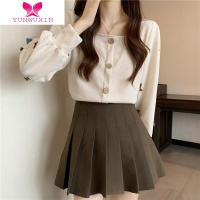 YUNWUXIN法式温柔风方领蝴蝶结长袖衬衫女秋装独特别致假两件拼色短款上衣