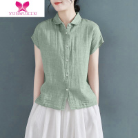 YUNWUXIN短袖衬衫女夏季圆领设计感宽松无袖棉麻衬衣大码亚麻别致上衣