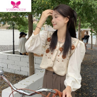 YUNWUXIN2022年秋季新款设计感小众复古短款衬衫女针织上衣刺绣拼接泡泡袖