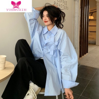 YUNWUXIN法式蓝色系带衬衫女士设计感小众秋季2022年新款上衣宽松休闲衬衣