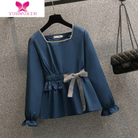 YUNWUXIN秋季新款2022年大码女装胖mm方领长袖收腰洋气法式正肩衬衫上衣女