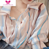 YUNWUXIN抽象印花雪纺衬衫女薄款夏季宽松显瘦翻领独特上衣条纹衬衣潮