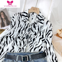 YUNWUXIN冷淡风宽松水墨豹纹印花长袖衬衫女秋气质设计感小众外搭叠穿上衣