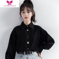 YUNWUXIN2022秋季新款个性扣子装饰黑色长袖衬衫女小众设计感衬衣休闲上衣