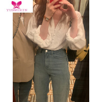 YUNWUXIN 宽松V领蕾丝拼接衫女2022夏季洋气小衫显瘦上衣白色蕾丝衫