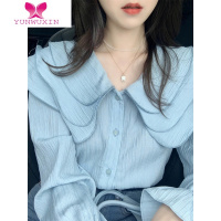YUNWUXIN夏季女高级感法式别致蓝色娃娃领衬衫设计感小众薄款雪纺上衣早秋