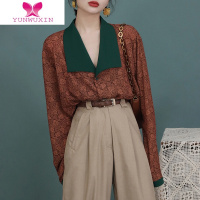 YUNWUXIN80年代港风女装复古撞色翻领长袖古着vintage碎花衬衫女上衣