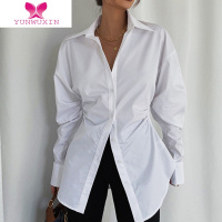 YUNWUXIN欧美风收腰白衬衫女设计感小众长袖中长款别致上衣2022衬衣