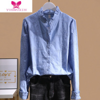 YUNWUXIN2022春季新款复古刺绣棉布衬衫百搭收身显瘦立领长袖打底衫上衣女