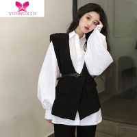 YUNWUXIN早初法式别致上衣衬衫女设计感小众高级气质叠穿马甲两件套装