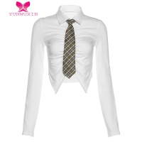YUNWUXIN学院JK风短款纯色长袖衬衫女修身褶皱设计性感气质领带上衣