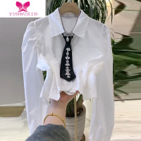 YUNWUXIN白色衬衫女秋设计感小众高级感重工修身收腰短款长袖女士衬衣