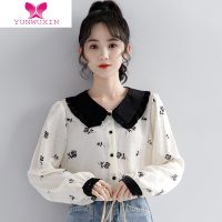 YUNWUXIN2022秋季新款甜美杏色娃娃领衬衫女压皱雪纺面料长袖衬衣上衣