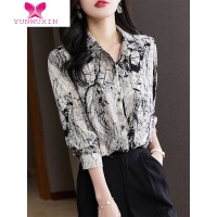 YUNWUXIN2022新款水墨画印花雪纺衬衫女长袖法式复古宽松别致打底上衣