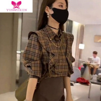 YUNWUXIN2022秋装新款小个子高级感气质港风格子衬衫搭中长半身裙两件套女
