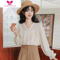 YUNWUXIN法式甜美v领长袖衬衫女2022秋季新款吊带背心上衣套装两件套