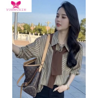 YUNWUXIN港风披肩条纹衬衫女设计感小众秋季2022新款韩版宽松百搭长袖衬衣