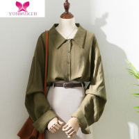 YUNWUXIN复古港味肌理感绿色衬衫女春季新款设计感小众宽松时尚衬衣上衣