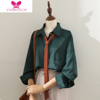 YUNWUXIN2022春款女装撞色领带墨绿色翻领衬衫女百搭垂感缎面职业长袖上衣