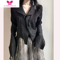 YUNWUXIN暗黑系山本风肌理褶皱黑色长袖衬衫女秋小众设计感复古侘寂风上衣
