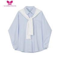 YUNWUXINSHIYUE蓝色披肩衬衫女设计感小众假两件上衣宽松衬衣