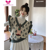 YUNWUXIN撞色碎花复古V领提花毛衣马甲秋季2022新款飞飞袖刺绣针织马夹女