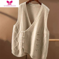 YUNWUXIN复古双排扣针织开衫马甲女V领无袖毛衣背心外搭宽松坎肩上衣马夹