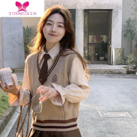 YUNWUXIN学院风jk制服套装女学生针织背心马甲衬衫百褶裙三件套上衣冬