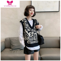 YUNWUXINins复古撞色图腾提花V领毛线针织马甲女叠穿宽松毛衣背心坎肩毛针织衫
