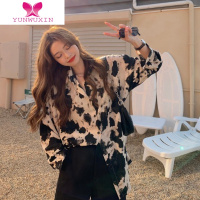 YUNWUXIN2022年新款复古港味设计感小众上衣垂感豹纹印花长袖花衬衫女