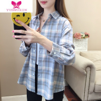 YUNWUXIN2022春季新款棉质格子衬衫女长袖 韩版宽松文艺休闲时尚蓝色外套