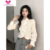 YUNWUXIN白色长袖衬衫女装2022新款复古设计感新中式盘扣旗袍短款上衣