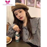 YUNWUXIN娃娃领格子衬衫女复古港味2022年早秋新款法式别致上衣设计感小众
