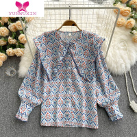 YUNWUXIN2022年新款甜美气质减龄大披肩荷叶边领长袖碎花衬衫女小个子