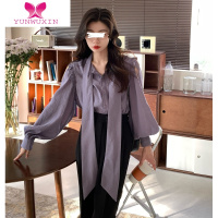 YUNWUXIN不出错No errors紫/黑肌理感长袖蝴蝶结衬衫女气质仙女上衣2022秋