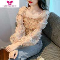YUNWUXIN2022秋季新款法式复古宫廷风方领灯笼长袖碎花衬衫女收腰短款上衣