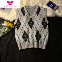 YUNWUXIN2022款菱形格坎肩针织背心男女宽松套头复古外穿无袖毛衣马甲