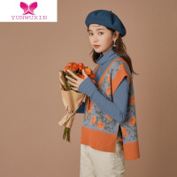 YUNWUXIN复古短款V领针织马甲背心女新款宽松开叉叠穿无袖坎肩毛衣服毛针织衫