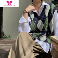 YUNWUXIN学院风撞色菱格马甲背心针织衫女秋季设计感小众宽松毛衣外搭上衣毛针织衫