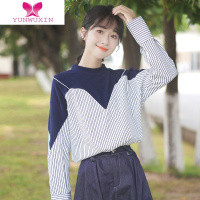 YUNWUXIN2022新款港风假两件衬衫女长袖半高领打底衫条纹上衣潮