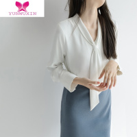 YUNWUXIN法式优雅飘带雪纺衬衫女新款设计感小众V领通勤职业免烫衬衣