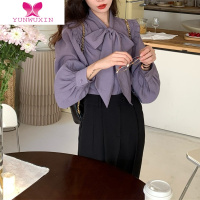 YUNWUXIN不出错No errors紫/黑肌理感长袖蝴蝶结衬衫女气质仙女上衣2022秋