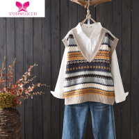 YUNWUXIN复古新款文艺提花刺绣V领针织背心女马甲秋装无袖毛衣坎肩女套衫马夹