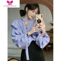 YUNWUXIN法式别致纹理长袖衬衫女早秋2022新款气质系带木耳边宽松上衣