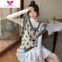 YUNWUXIN大码撞色V领提花毛衣女早秋新款设计小众刺绣飞飞袖针织马甲上衣马夹