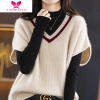 YUNWUXIN新款针织马甲毛衣女宽松拼色百搭V领背心打底衫坎肩洋气外搭马夹
